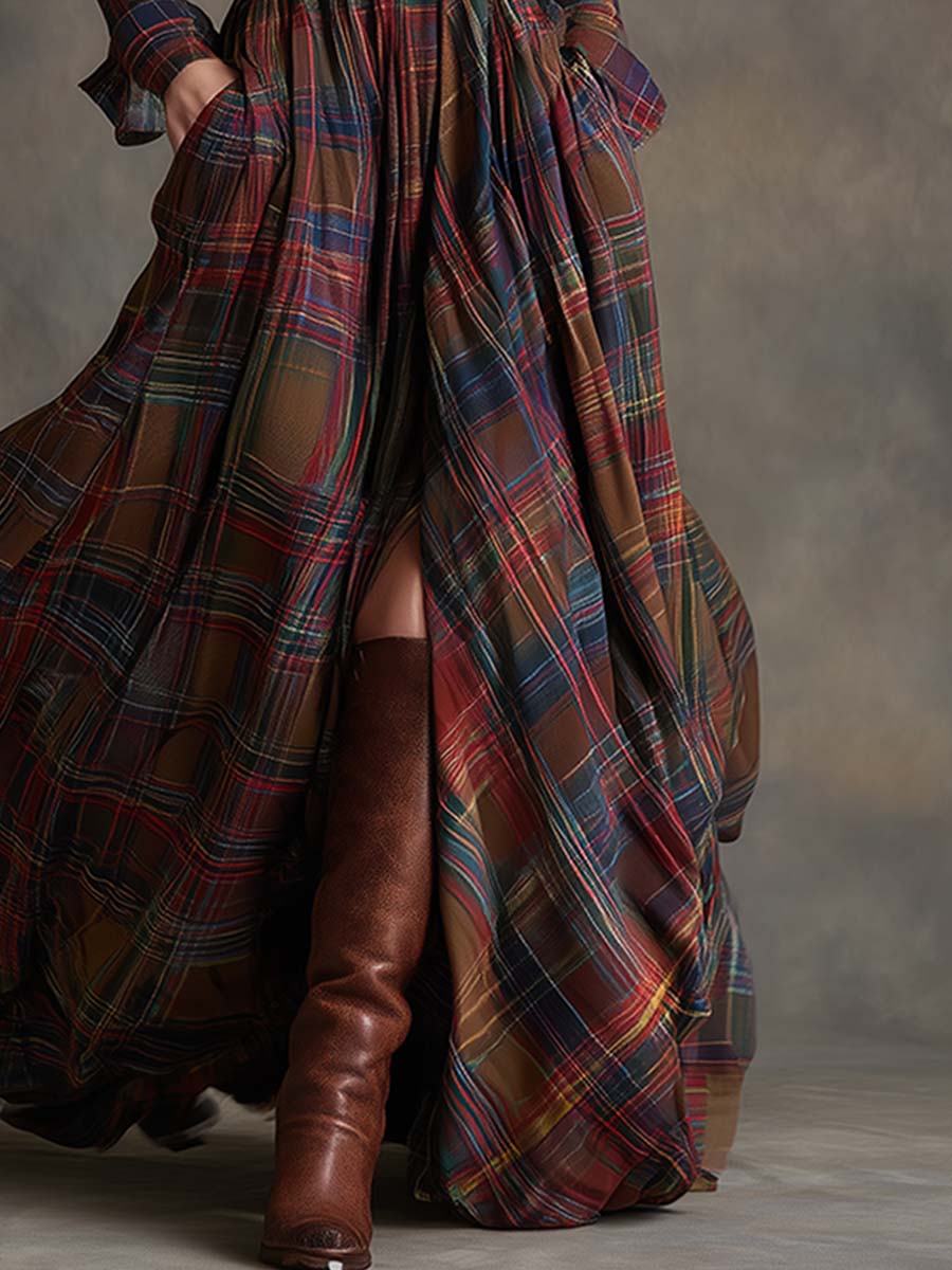 Margaret | Plaid Long-Sleeve Maxi Dress