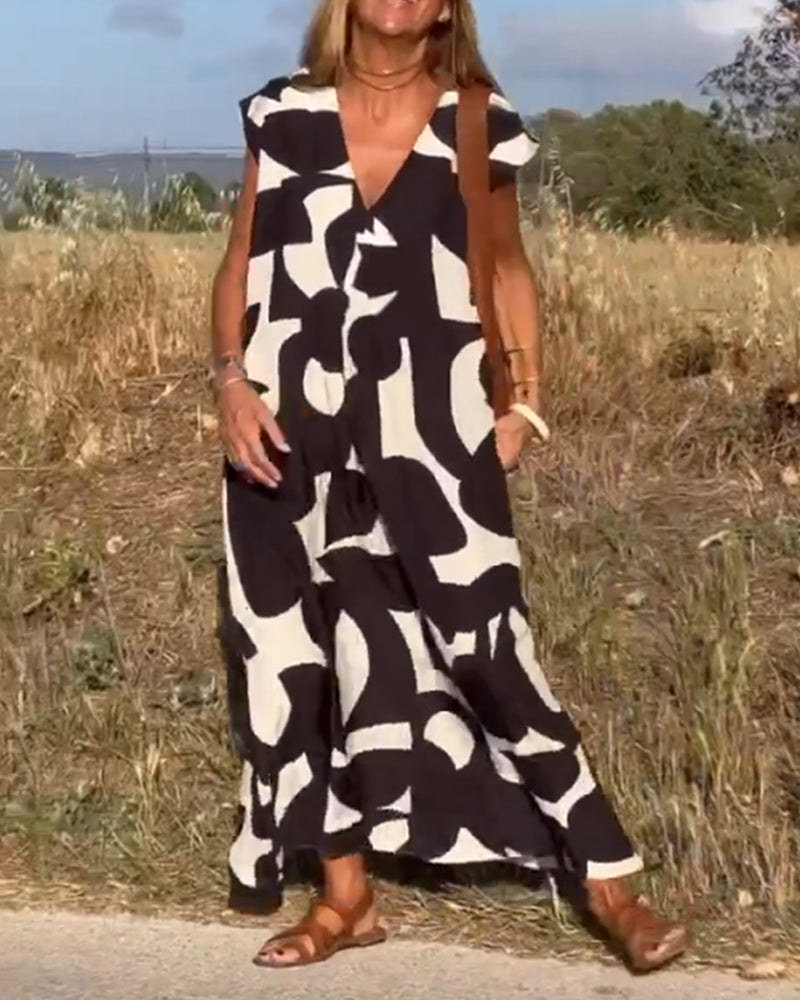 Elowen - Irregular Geometric Print Sleeveless Dress