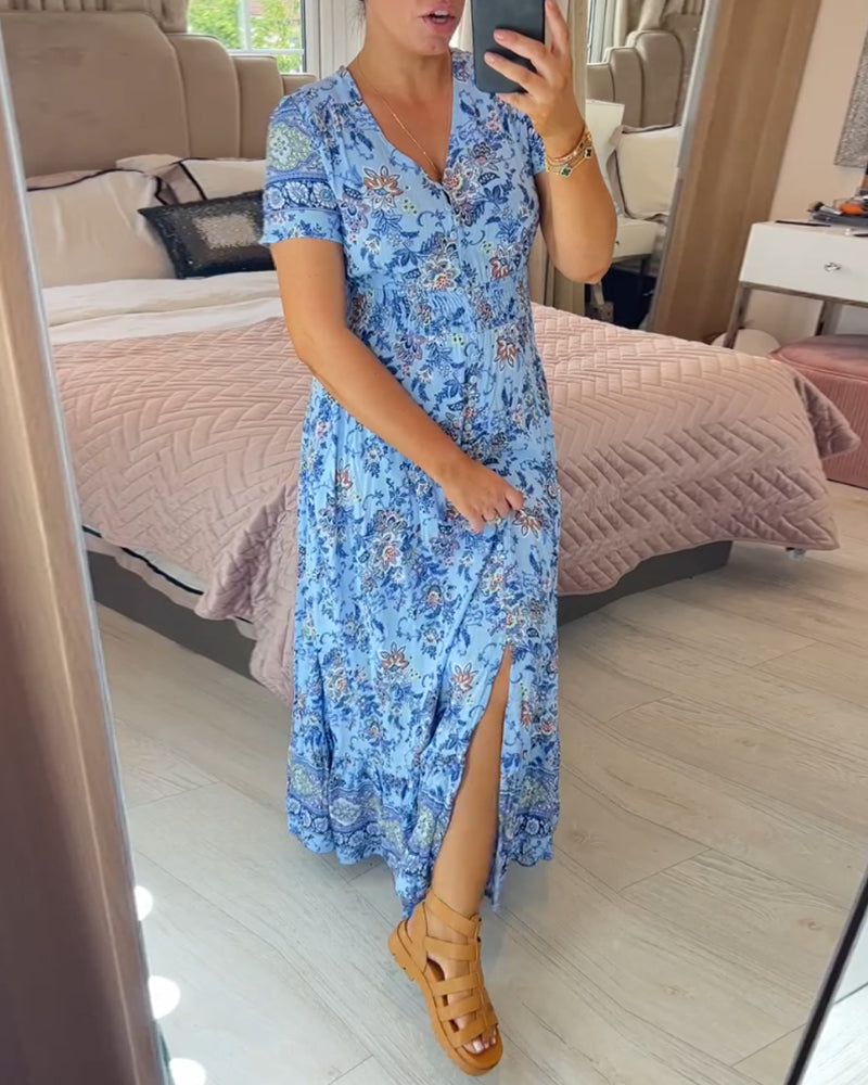Ellie - Elegant Floral V-Neck Pleated Hem Dress
