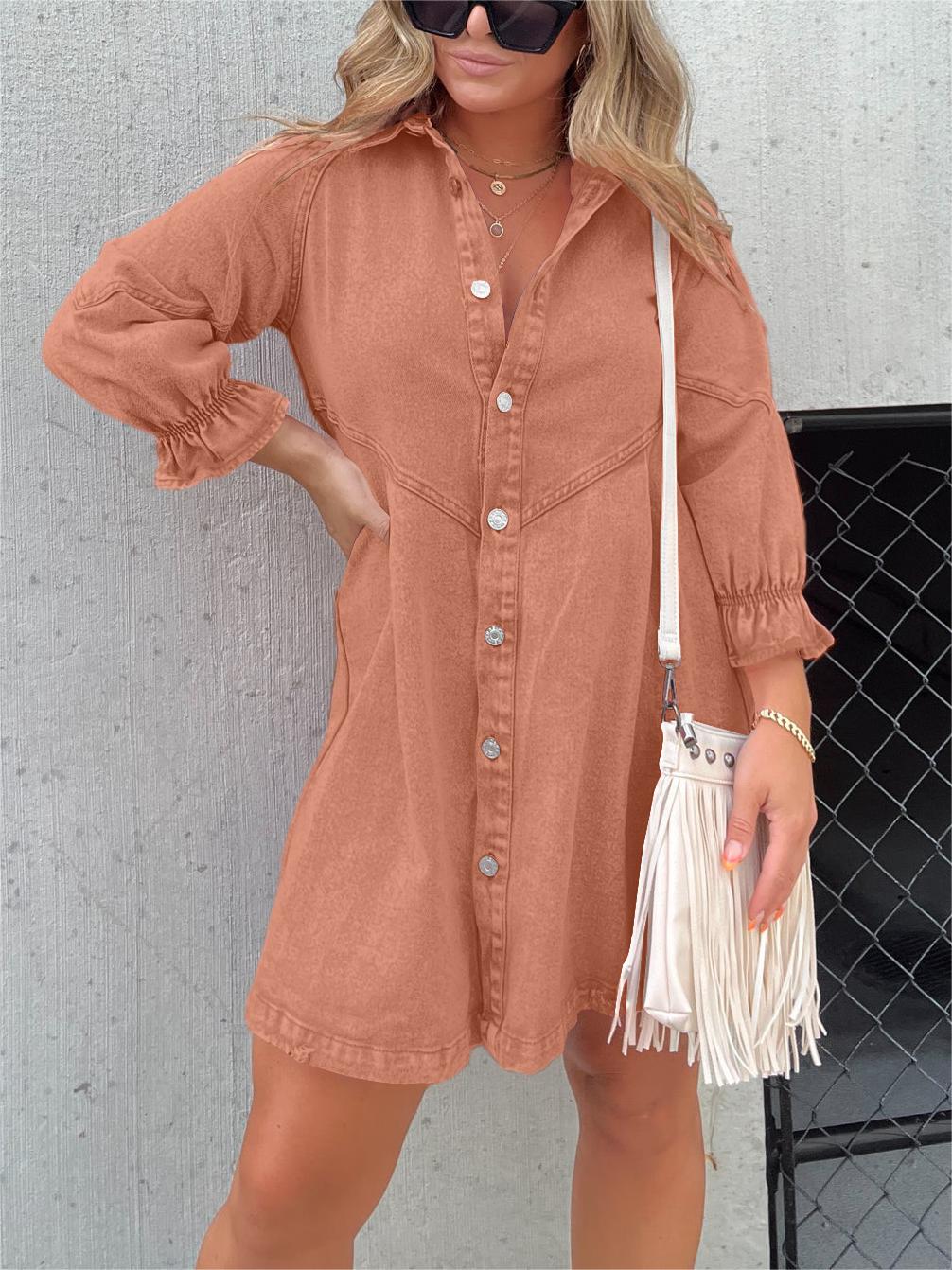 Galilea - Chic Turn-Down Collar Denim Midi Dress
