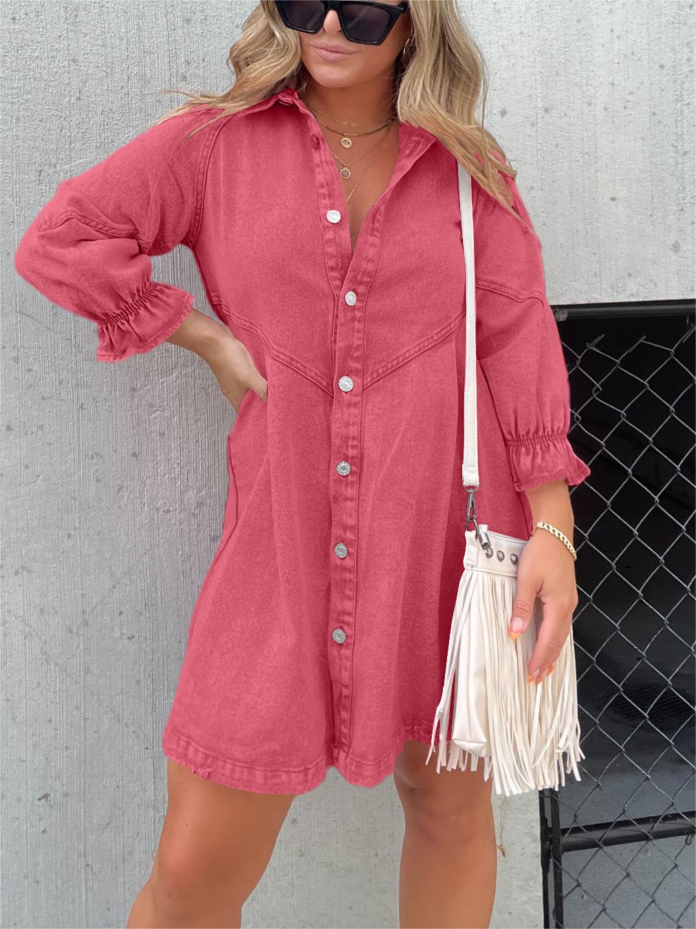 Galilea - Chic Turn-Down Collar Denim Midi Dress