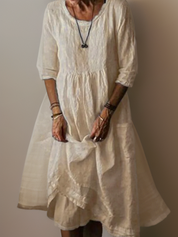 Katie - Summer Pleated Cotton Linen Midi Dress