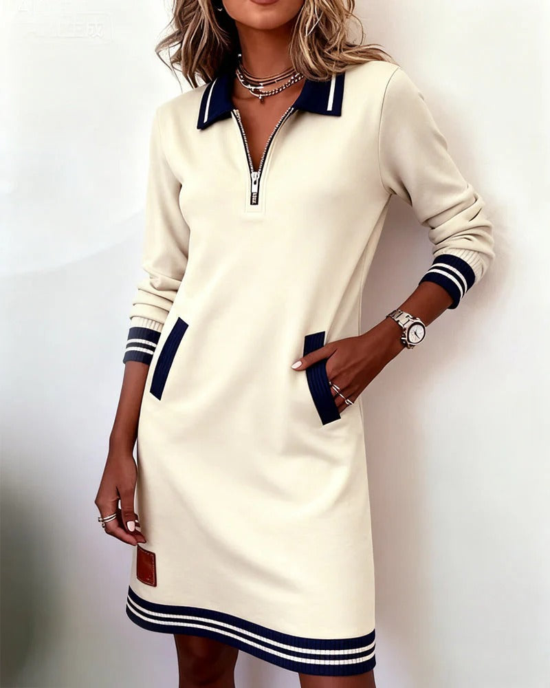 Eliana | Elegant Zip-Collar Striped Midi Dress