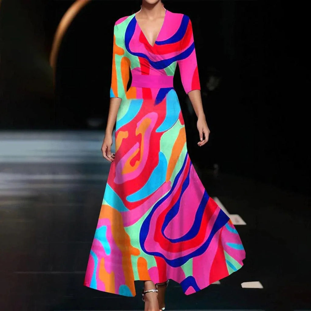 Emily - Printed High Waist Midi Dress with Mid Sleeves